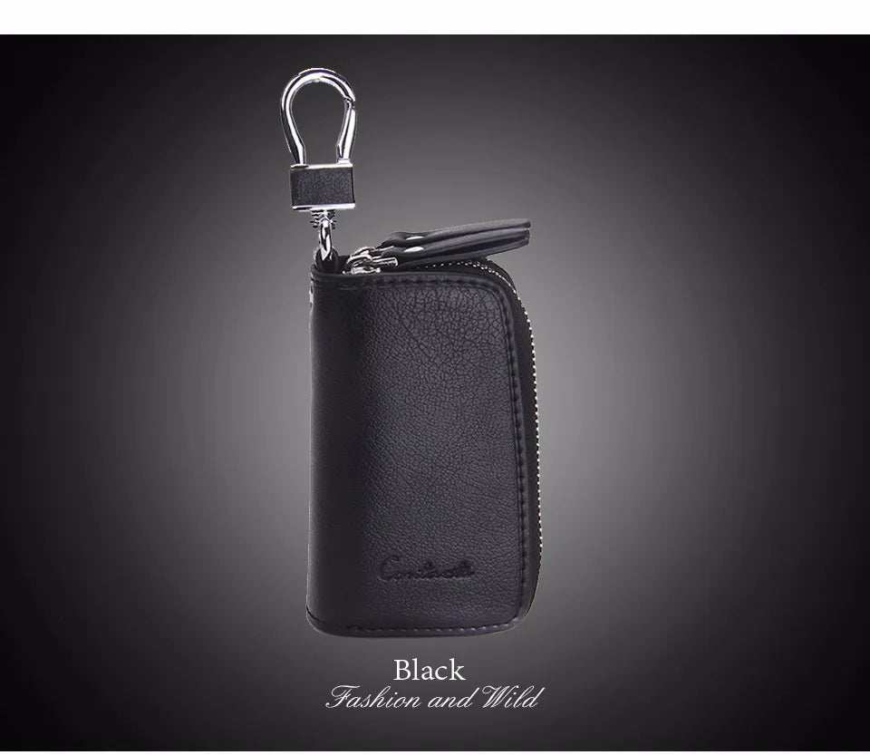 CONTACT'S Classic New Double Zip Men's Genuine Cow Leather Car Key Holder Multifunction Housekeeper High Class Motor Key Case