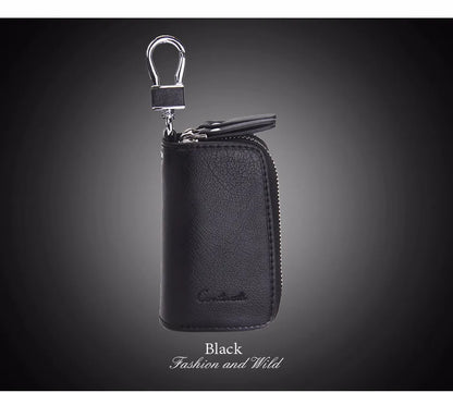 CONTACT'S Classic New Double Zip Men's Genuine Cow Leather Car Key Holder Multifunction Housekeeper High Class Motor Key Case
