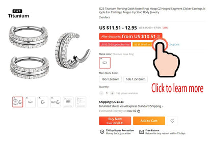 New G23 Titanium Piercing High Quality CZ Nose Ring Earrings 8/10/12mm Body Jewelry 16G ASTM f136 Titanium Nose Septum Piercings