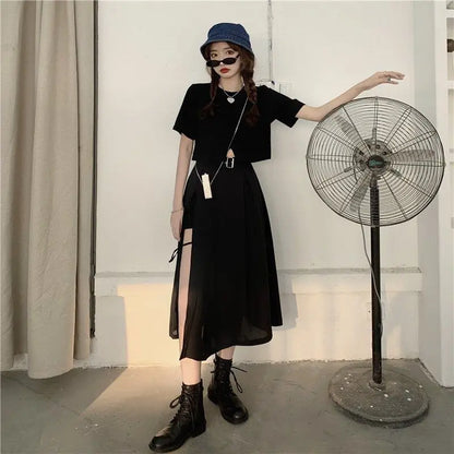 Vintage Dark Gothic High Split Mid-Calf Skirts Women Elegant Fashion Party Club High Waist Femme Bottom Streetwear Goth Skirt