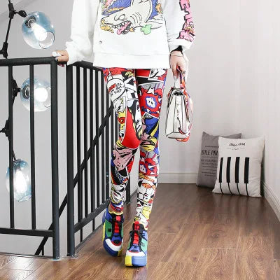 Women Leggings High Waist Cartoon Comic Beauty Print Trousers Soft Female Casual Elastic Pant 1 One Size