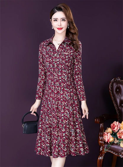 JiuMeiDai-Women's Elegant A-Line Polo Dress, Floral Print Robe, Vintage Designer Party Clothing, Office Lady, Autumn Badiee Stylez