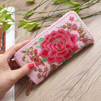 Ethnic Style Embroidery Ladies Wallets Rose Pattern Long Clutch Cloth Money Bag Large Capacity Phone Pocket Women Coin Purse Pink Rose CHINA