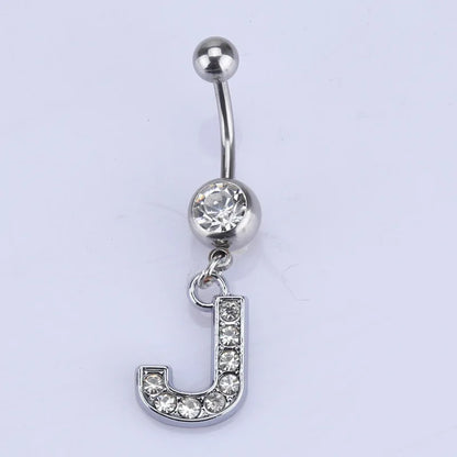 1Pc Letter Belly Button Ring Rhinestone Alphabet Pendant Navel Body Piercing Jewelry Silver Colour Nombril Piercing Gift Women J
