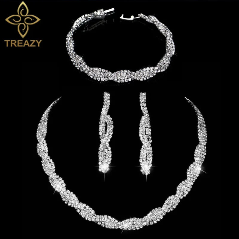 TREAZY Silver Color Rhinestone Crystal Bridal Jewelry Sets for Women Necklace Earrings Bracelet Set Wedding Jewelry Accessories style 10 Clear