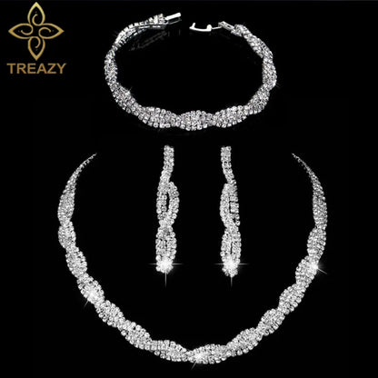 TREAZY Silver Color Rhinestone Crystal Bridal Jewelry Sets for Women Necklace Earrings Bracelet Set Wedding Jewelry Accessories style 10 Clear