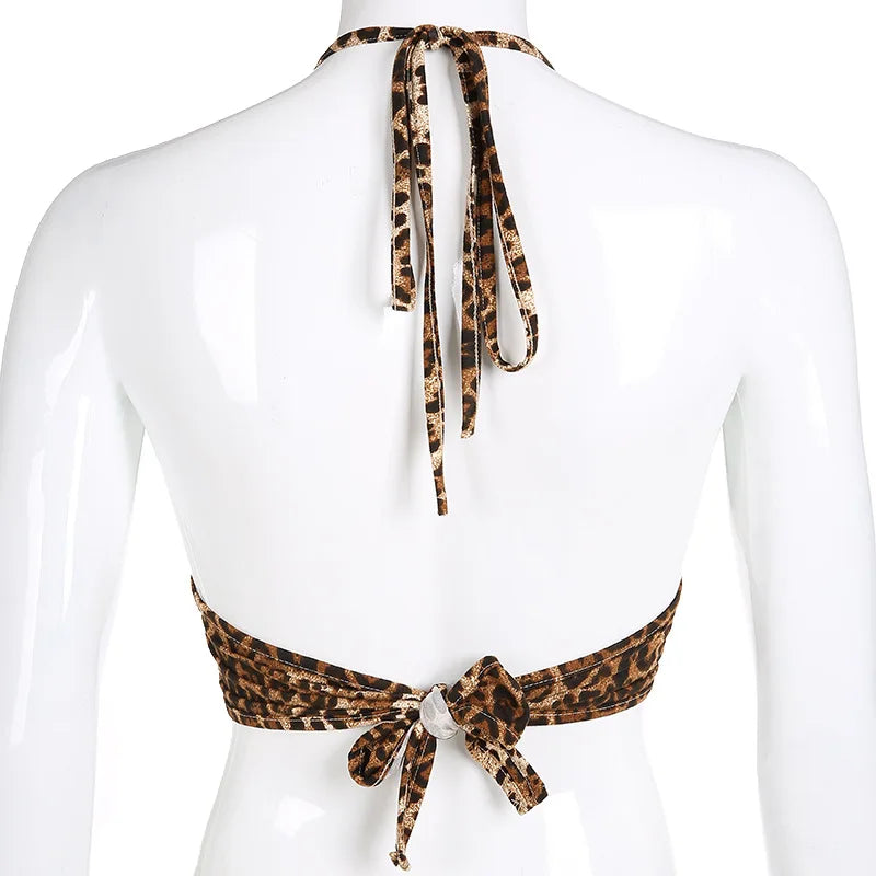 Leopard Printed Sexy Halter Crop Top Women Camis Backless Bandage Lace Up Sequins Metal Ring Tank Top 2020 Party Club Bustier