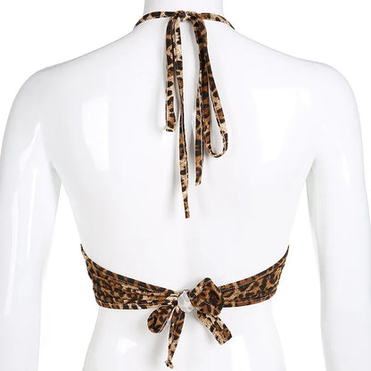 Leopard Printed Sexy Halter Crop Top Women Camis Backless Bandage Lace Up Sequins Metal Ring Tank Top 2020 Party Club Bustier