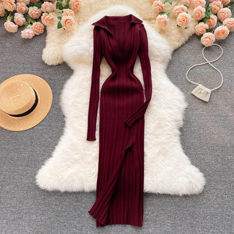 SINGREINY Women Korean Knitted Dress Long Sleeve V Neck Elastic Slim Pencil Dresses 2021 Autumn Sexy Bodycon Split Sweater Dress