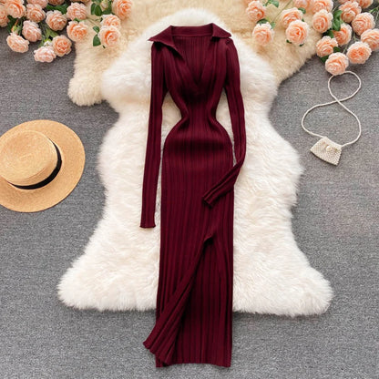SINGREINY Women Korean Knitted Dress Long Sleeve V Neck Elastic Slim Pencil Dresses 2021 Autumn Sexy Bodycon Split Sweater Dress