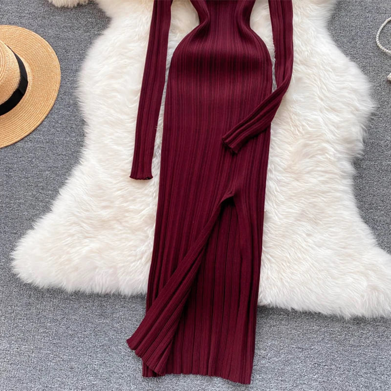 SINGREINY Women Korean Knitted Dress Long Sleeve V Neck Elastic Slim Pencil Dresses 2021 Autumn Sexy Bodycon Split Sweater Dress
