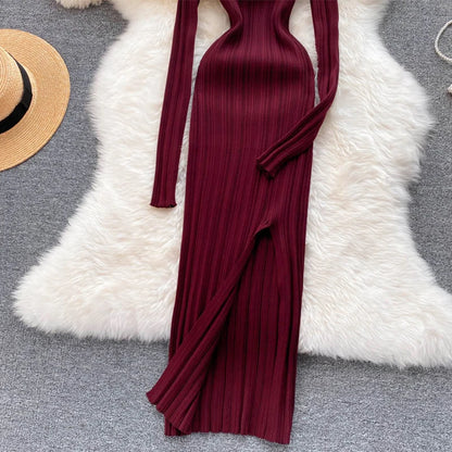 SINGREINY Women Korean Knitted Dress Long Sleeve V Neck Elastic Slim Pencil Dresses 2021 Autumn Sexy Bodycon Split Sweater Dress