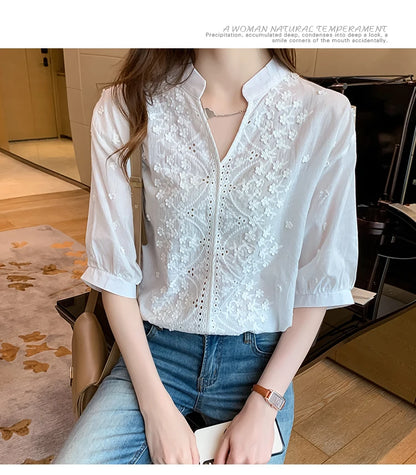 Summer Floral Embroidery Lace Blouse Fashion Women V Neck Casual Shirt Chic Short Sleeve Hollow Out Tops Elegant Blusas 24350