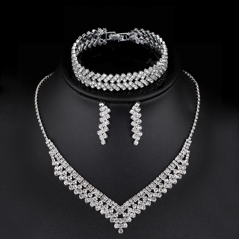 TREAZY Silver Color Rhinestone Crystal Bridal Jewelry Sets for Women Necklace Earrings Bracelet Set Wedding Jewelry Accessories style 13 Clear