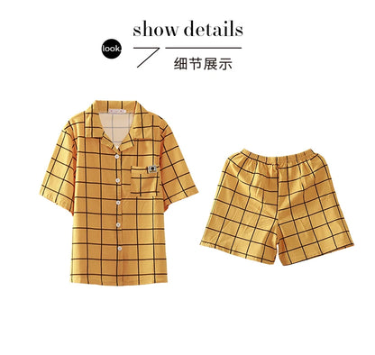 Women's Pyjamas Cute Lattice Print Pajama Sets Summer Casual Short Sleeve Couple Sleepwear Thin Cotton Home Maiden 2-piece Set