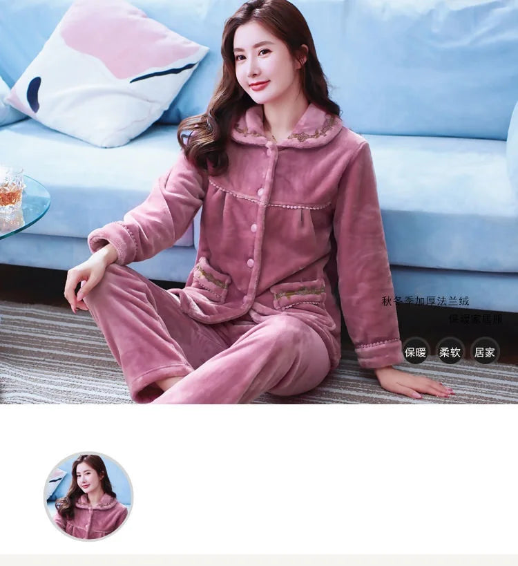 Autumn Winter Thicken Flannel Women Pajamas Set Two-piece suit Warm Loose Long-sleeve Female Casual Home service Single-breasted