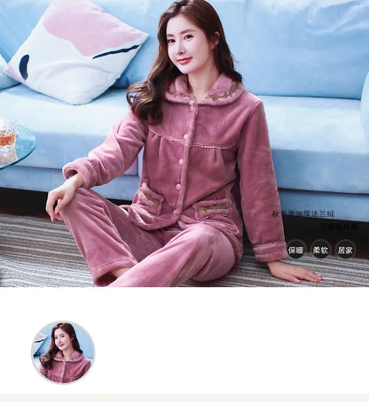 Autumn Winter Thicken Flannel Women Pajamas Set Two-piece suit Warm Loose Long-sleeve Female Casual Home service Single-breasted
