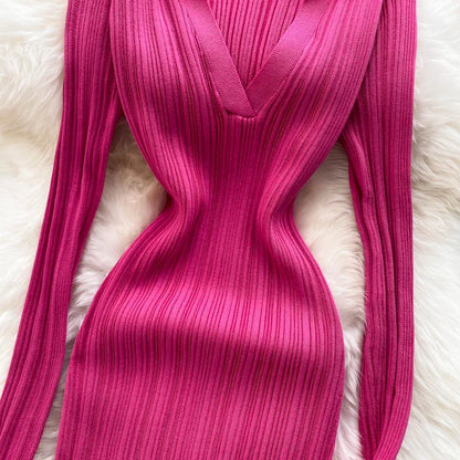SINGREINY Women Korean Knitted Dress Long Sleeve V Neck Elastic Slim Pencil Dresses 2021 Autumn Sexy Bodycon Split Sweater Dress