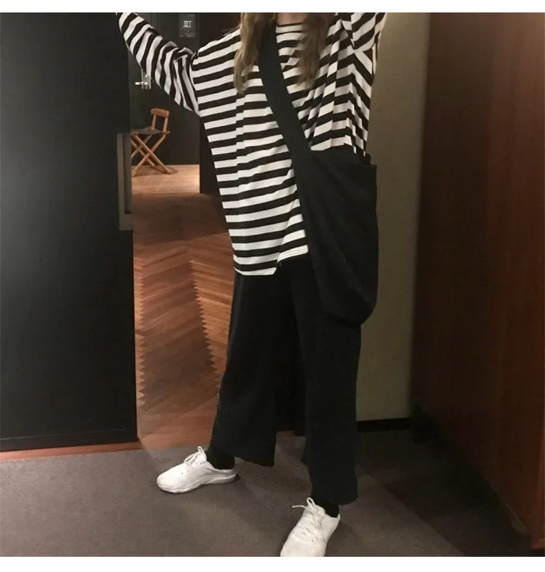 spring Autumn Women harajuku Striped Tshirt Long Sleeve O-Neck T-Shirts ulzzang Korean Casual T Shirt Femme black Tops