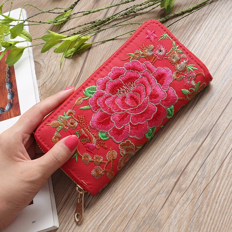 Ethnic Style Embroidery Ladies Wallets Rose Pattern Long Clutch Cloth Money Bag Large Capacity Phone Pocket Women Coin Purse Red Rose CHINA