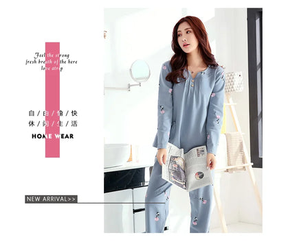 Big yards M-4XL v-neck long sleeve pajamas set for women floral print nightwear autumn cotton sleepwear nightie female pyjama