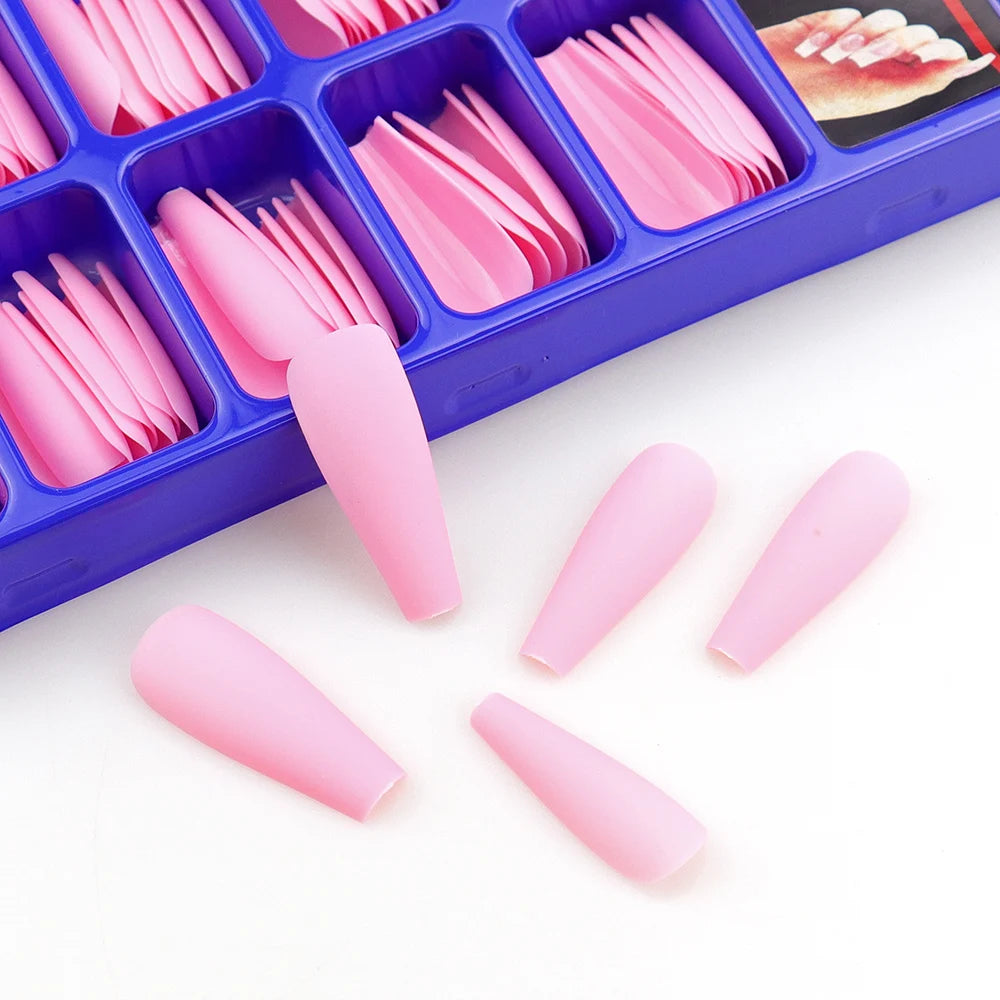 WAKEFULNESS 100Pcs/Set Matte Fake Nail Art Tips Long Ballerina Coffin Nails ABS Full Cover Fasle Nails Tools Manicure