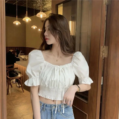Off Shoulder Lace Up Bow Crop Top Blouse Women Summer Shirring Puff Short Sleeve Female Shirts Sweet Ruffle Tunic Korean Fashion