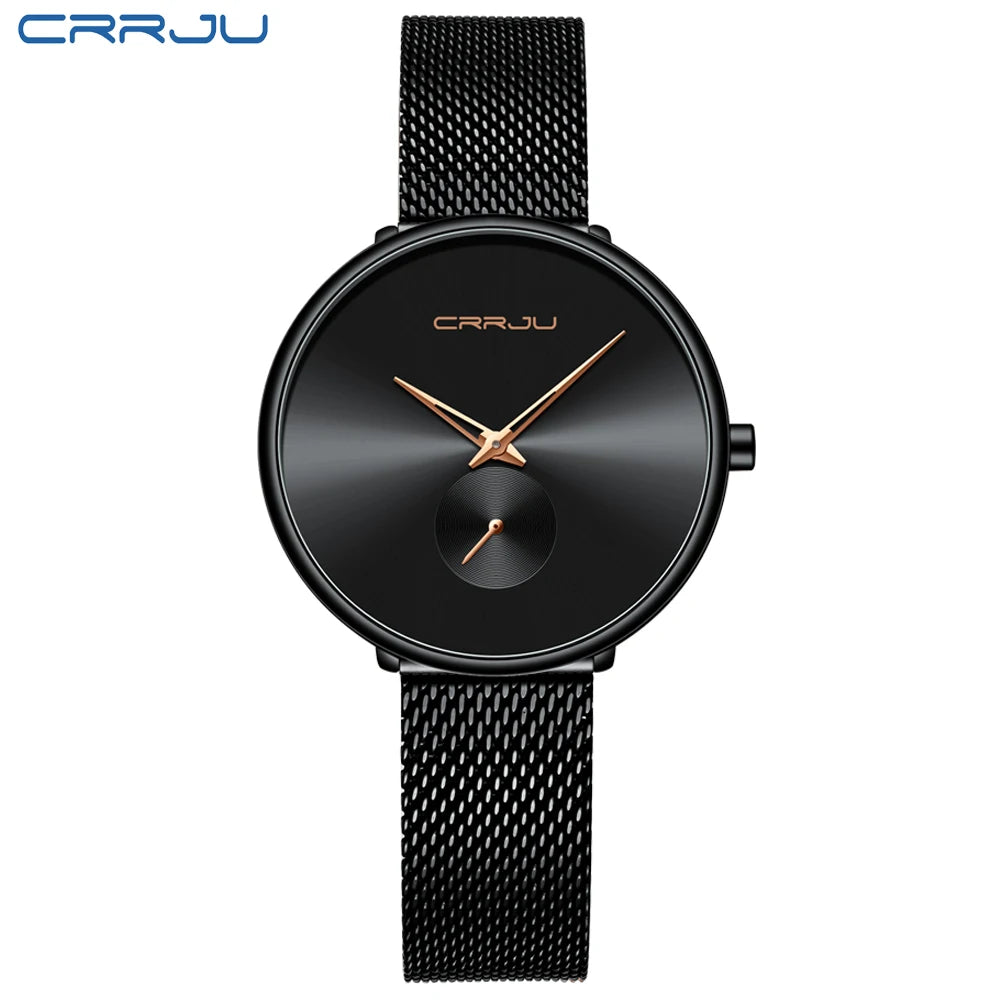 CRRJU 2165 Beautiful Design Watches Women Fashion Casual Steel Mesh Wristwatch Ladies Watch Female Clock Women's Quartz Watch Black
