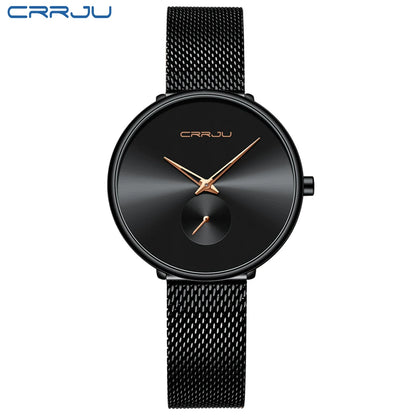 CRRJU 2165 Beautiful Design Watches Women Fashion Casual Steel Mesh Wristwatch Ladies Watch Female Clock Women's Quartz Watch Black