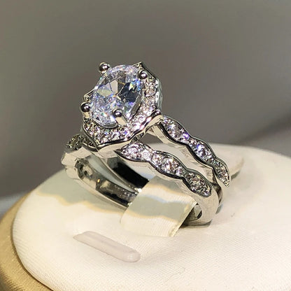 925 Silver New Arrival Four Claw Round Zircon Double Rings For Ladies Party Birthday Jewelry Gift WHITE