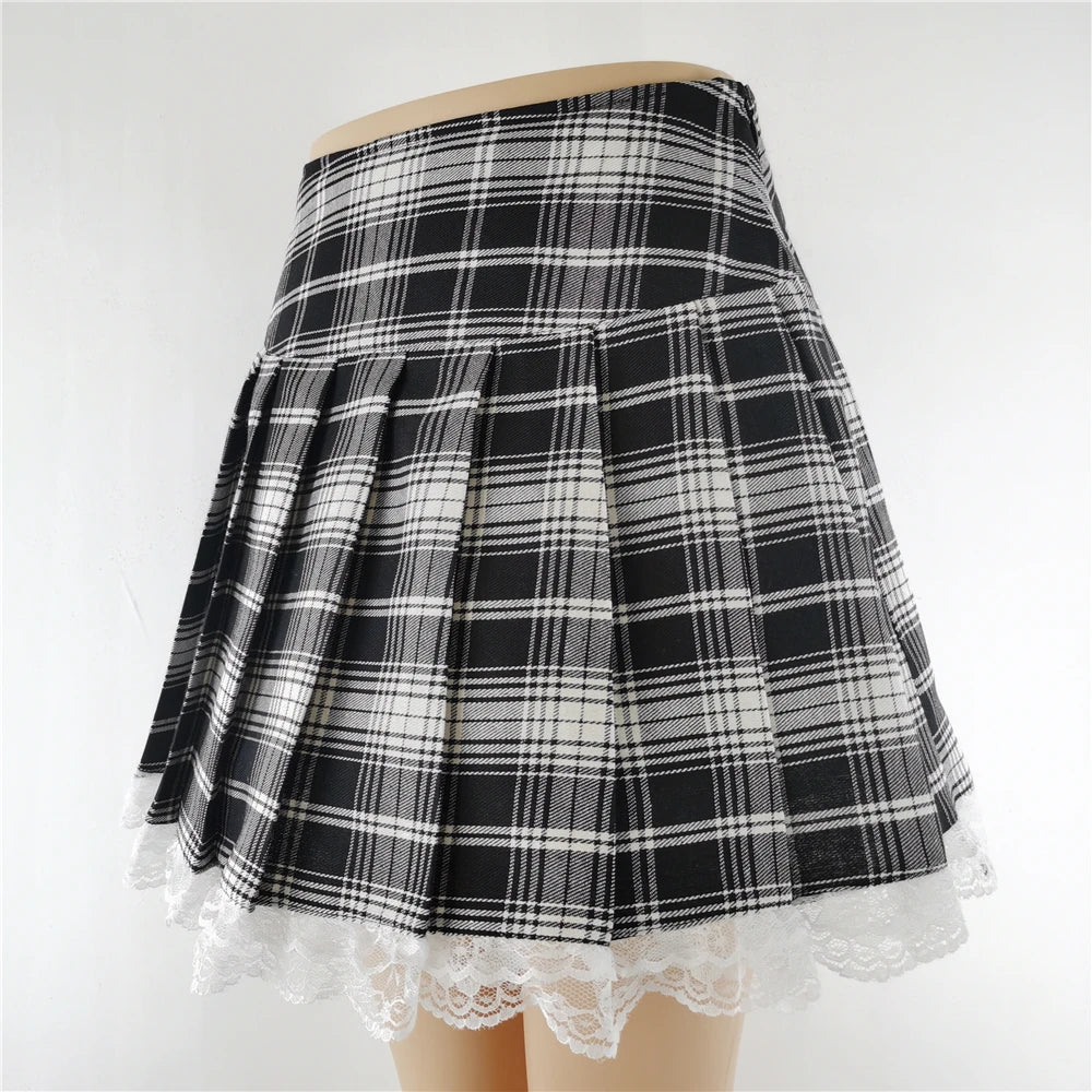New Contrast Lace Plaid Pleated Skirt Vintage Sexy Skater Clothes Harajuku Gothic Punk England Style Y2k Skirt