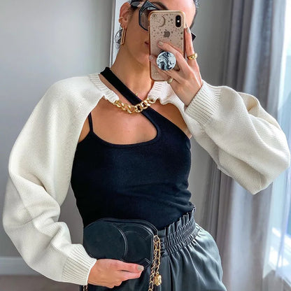 Tossy White Women Sweater Shrugs Cropped Top Full Lantern Sleeve Knitwear Pullover Sexy Summer High Street Outwear 2023 Spring