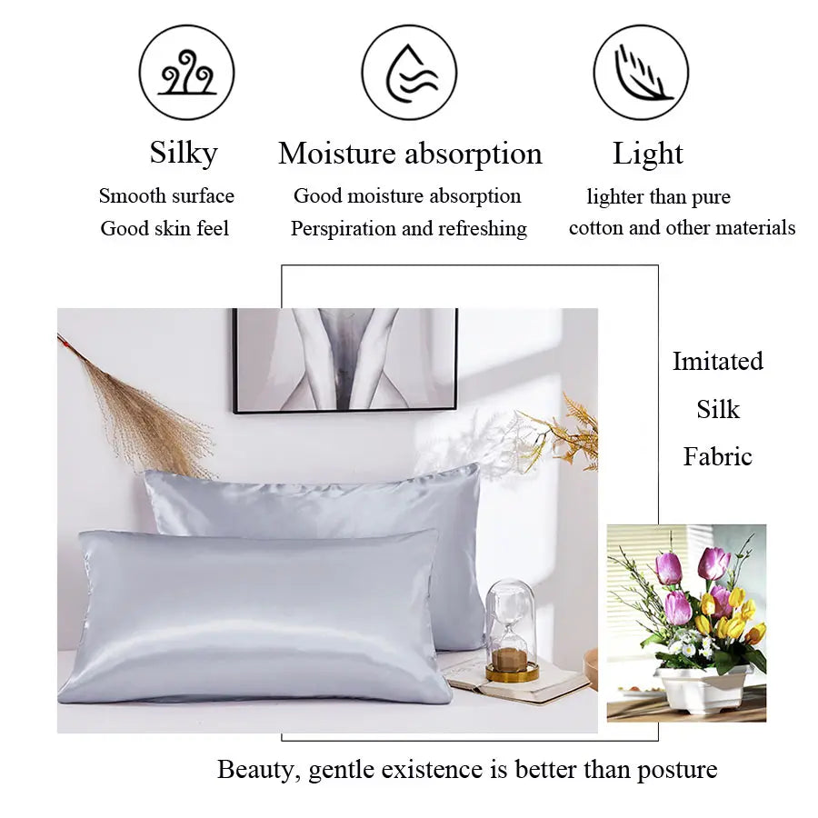 Solid Silk Pillowcase Slip Imitated Mulberry Plain Bed 100% Satin Queen Pillow Case Cover King Twin Home White Soft Comfortable Badiee Stylez