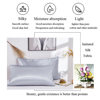 Solid Silk Pillowcase Slip Imitated Mulberry Plain Bed 100% Satin Queen Pillow Case Cover King Twin Home White Soft Comfortable Badiee Stylez