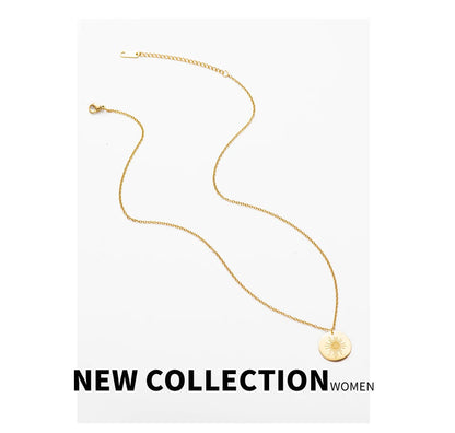 Gold Plated New Women Stainless Steel Necklace Round Disc Pendant With Eyes Pattern Clavicle Necklace Wedding Jewelry Wholesale