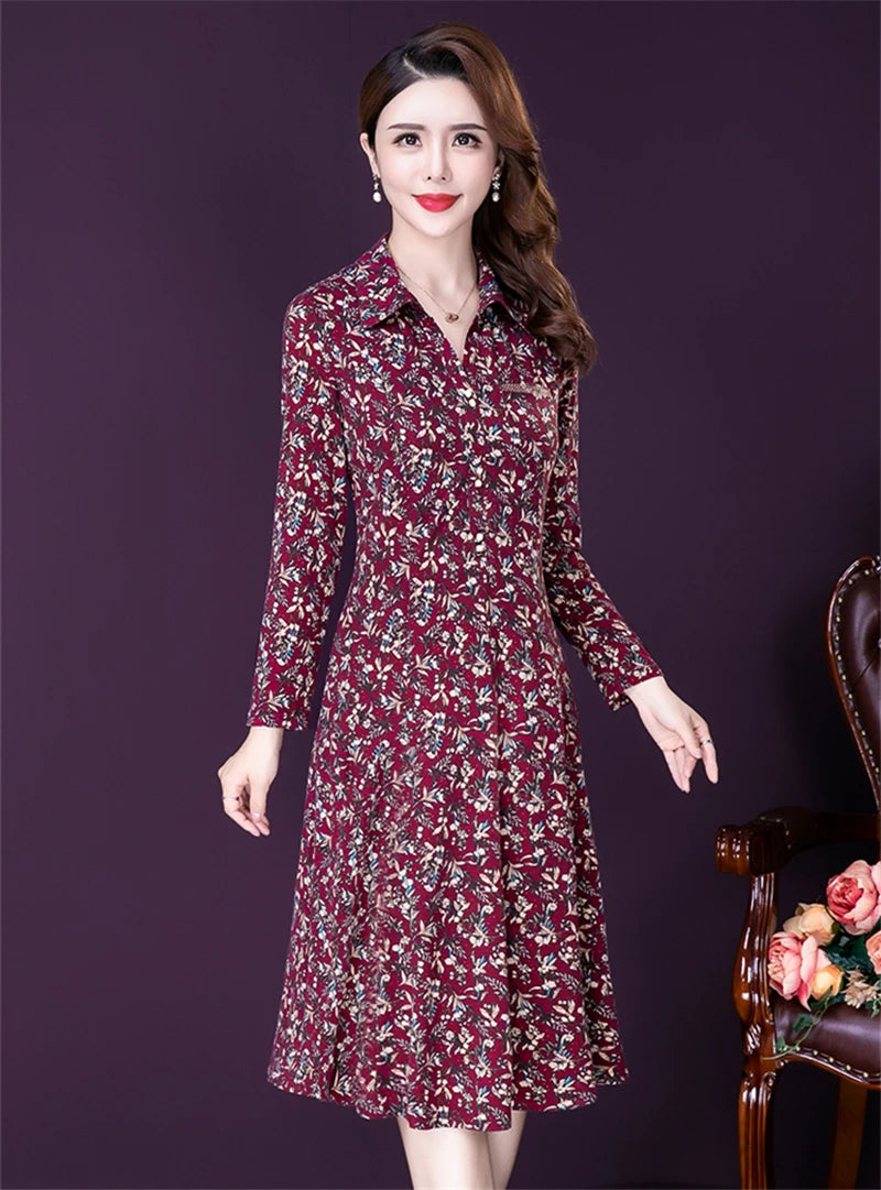JiuMeiDai-Women's Elegant A-Line Polo Dress, Floral Print Robe, Vintage Designer Party Clothing, Office Lady, Autumn Badiee Stylez