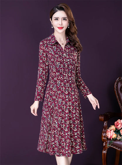 JiuMeiDai-Women's Elegant A-Line Polo Dress, Floral Print Robe, Vintage Designer Party Clothing, Office Lady, Autumn Badiee Stylez