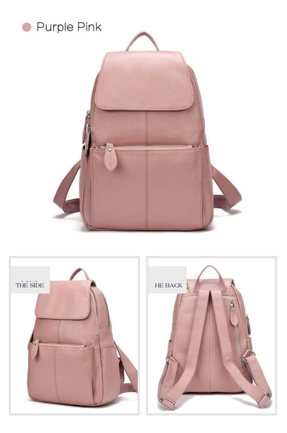 Zency Genuine Leather Women Backpack High Quality Large Capacity Travel Bag Knapsack Schoolbag Shoulder For Ladies Beige Black