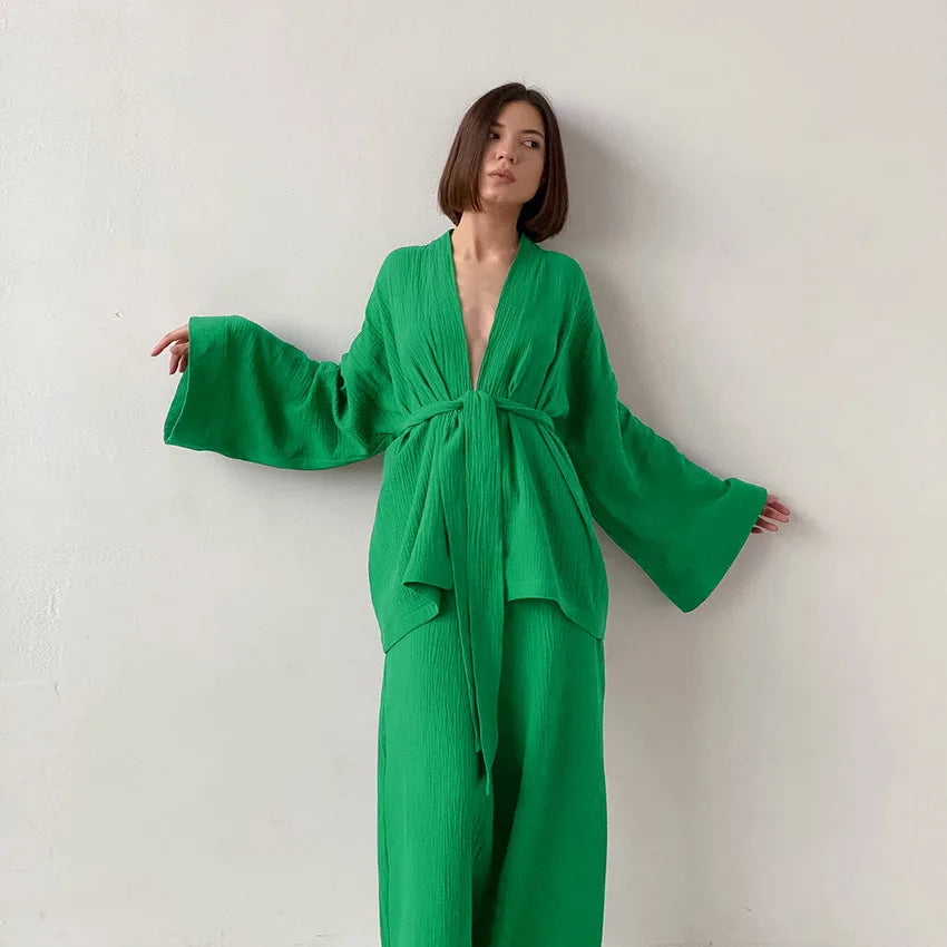 NHKDSASA Kimono Pajamas 2023 New 100% Cotton Crepe Long-Sleeved Trousers Ladies Sleepwear Suit Women's Home Service Mujer New Green