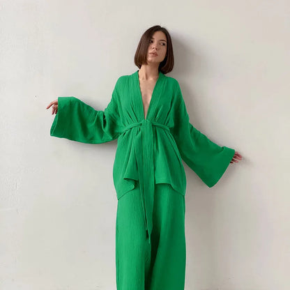 NHKDSASA Kimono Pajamas 2023 New 100% Cotton Crepe Long-Sleeved Trousers Ladies Sleepwear Suit Women's Home Service Mujer New Green