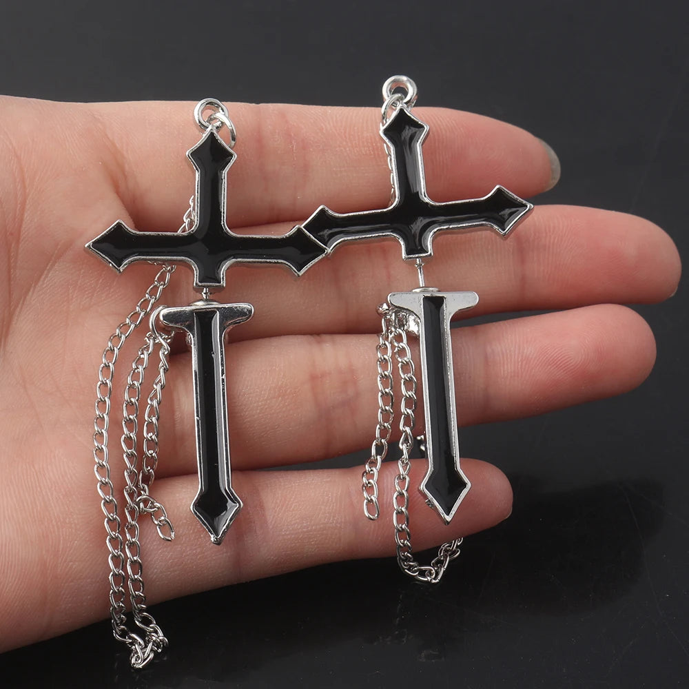 2Pcs Vintage Black Cross Earrings Punk Goth Long Chain Harajuku Streetwear Unisex Stud Earrings For Women Men Korean Jewelry Badiee Stylez