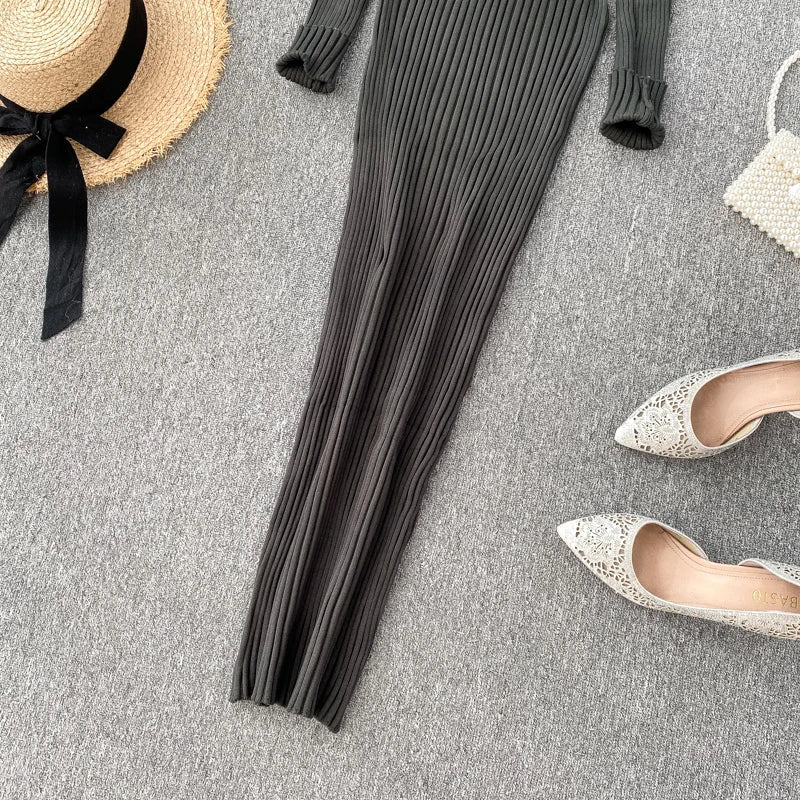 SINGRAIN Women Autumn Knitted Dress V Neck Sexy Slim Elastic Oversized Basic Bodycon Long Dress Winter knit Warm Sweater Dresses