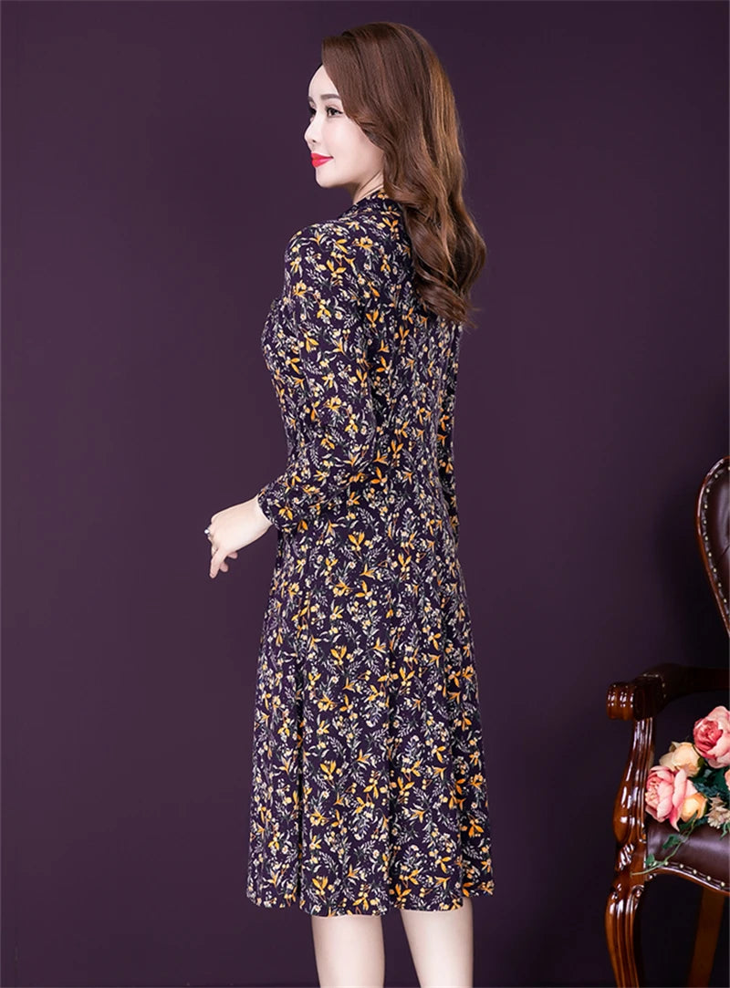 JiuMeiDai-Women's Elegant A-Line Polo Dress, Floral Print Robe, Vintage Designer Party Clothing, Office Lady, Autumn Badiee Stylez