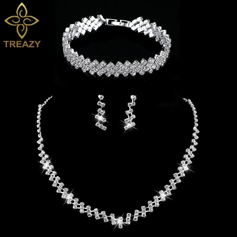 TREAZY Silver Color Rhinestone Crystal Bridal Jewelry Sets for Women Necklace Earrings Bracelet Set Wedding Jewelry Accessories style 17 Clear