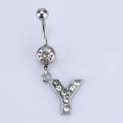 1Pc Letter Belly Button Ring Rhinestone Alphabet Pendant Navel Body Piercing Jewelry Silver Colour Nombril Piercing Gift Women Y