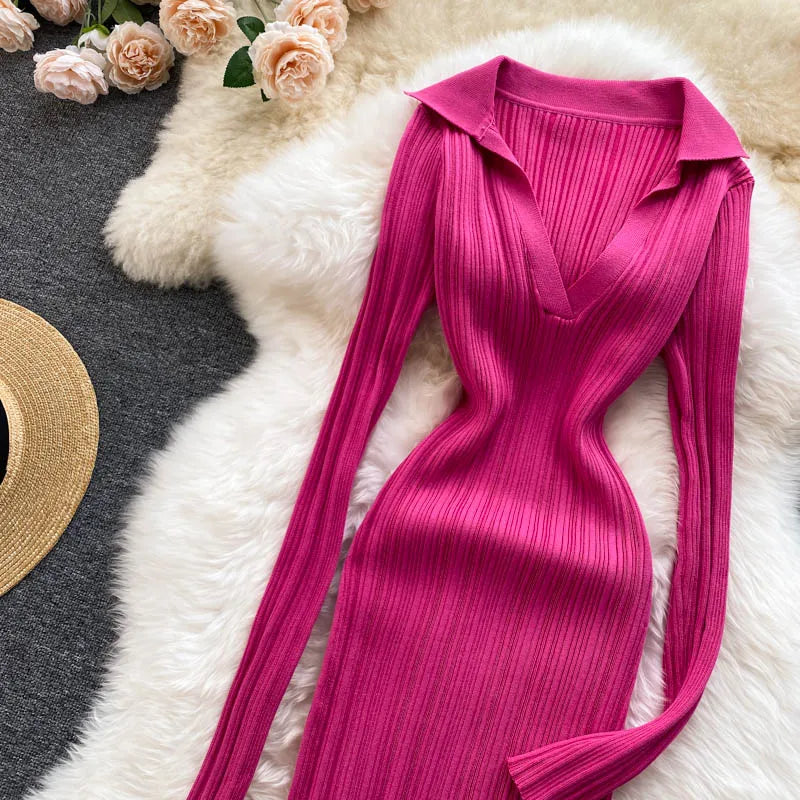 SINGREINY Women Korean Knitted Dress Long Sleeve V Neck Elastic Slim Pencil Dresses 2021 Autumn Sexy Bodycon Split Sweater Dress
