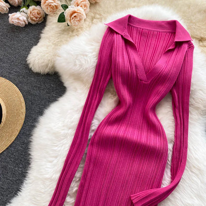 SINGREINY Women Korean Knitted Dress Long Sleeve V Neck Elastic Slim Pencil Dresses 2021 Autumn Sexy Bodycon Split Sweater Dress