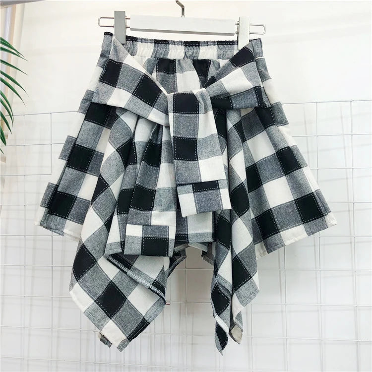 TOTRUST Fashion College Asymmetrical Skirt Women Summer Plaid Skirt Women Casual Students Fake Shirt Mini Skirt Female Saia