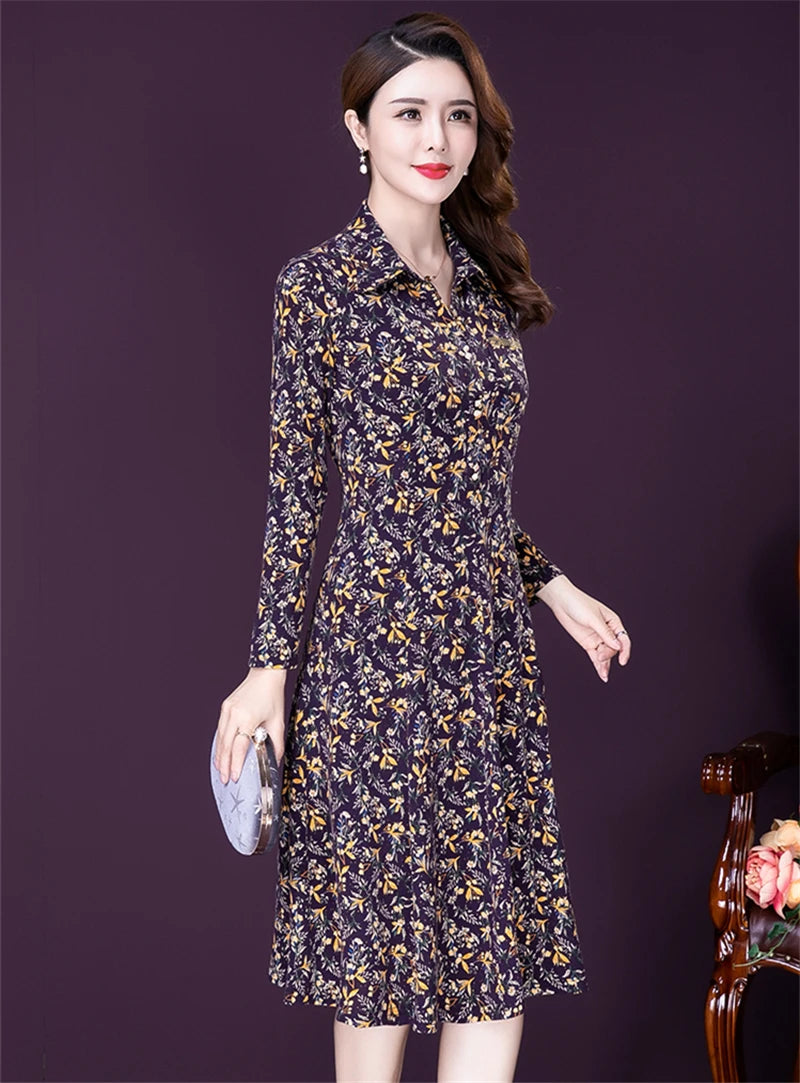 JiuMeiDai-Women's Elegant A-Line Polo Dress, Floral Print Robe, Vintage Designer Party Clothing, Office Lady, Autumn Badiee Stylez