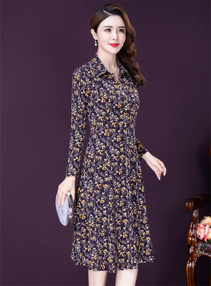 JiuMeiDai-Women's Elegant A-Line Polo Dress, Floral Print Robe, Vintage Designer Party Clothing, Office Lady, Autumn Badiee Stylez